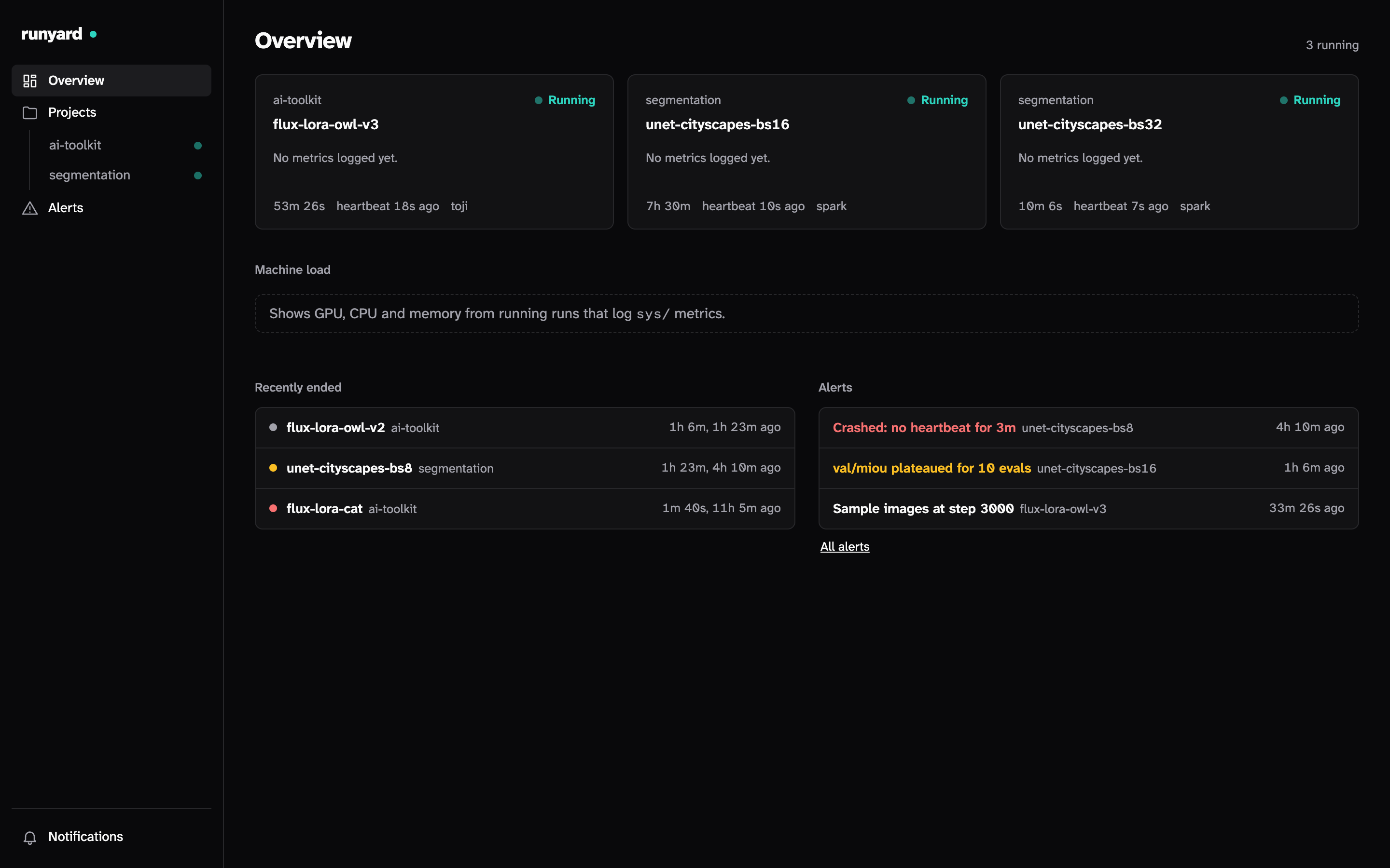 runyard overview, dark theme